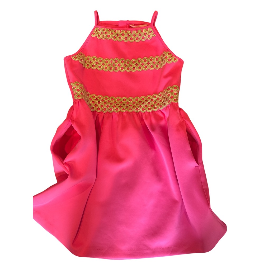 Lilly Pulitzer Girls Elize Dress Raz‎ Berry Pink Gold Trim XL 12-14 NWT - Picture 3 of 12
